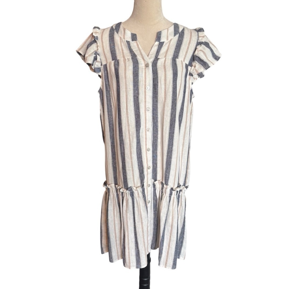 Cynthia Rowley Linen Striped Button Front Ruffle Dress Medium Resortwear Summer